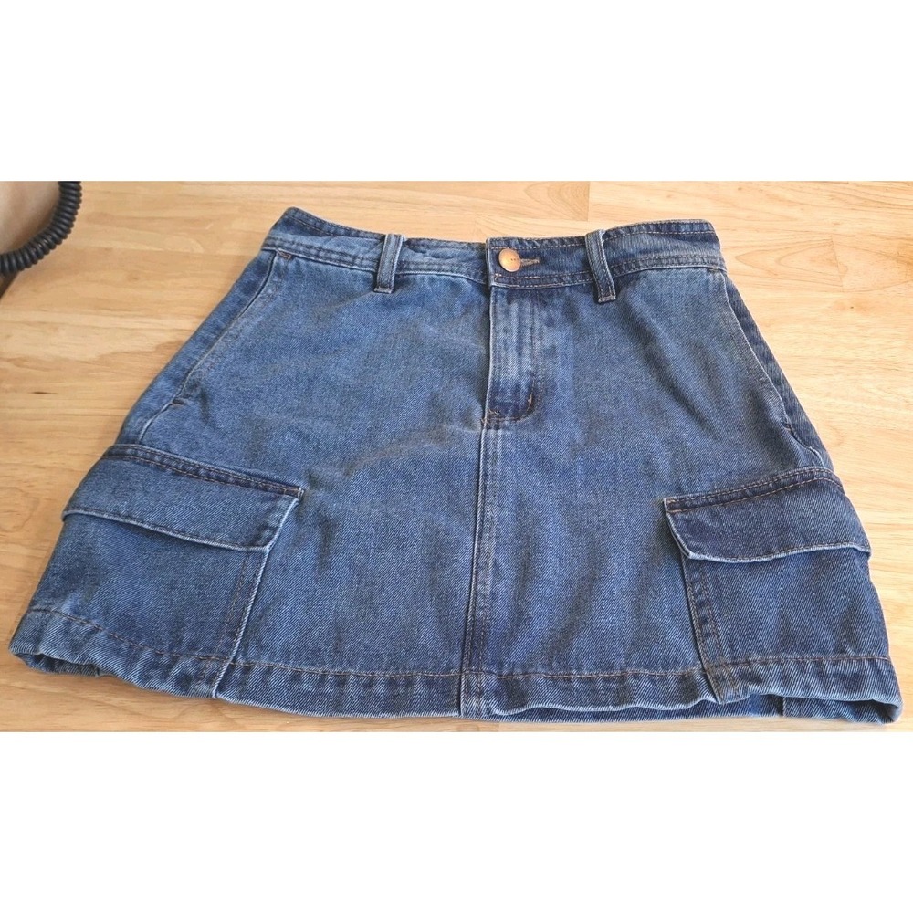Tgla Denim Blue Jean Mini Skirt Pockets Medium Wash Stretch Sz XS EUC